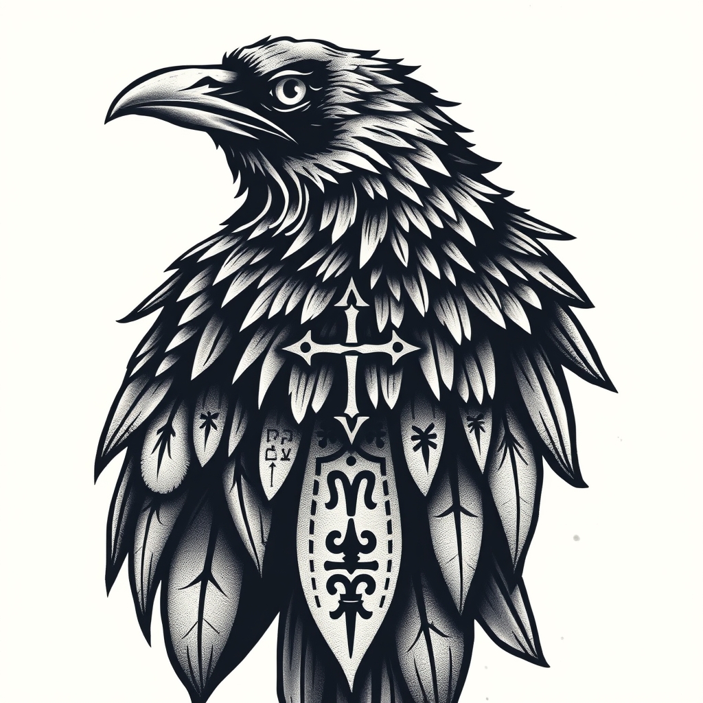 A tattoo design of Raven With Viking Runes in the style of traditional. - mythical creatures tattoo design generated by AI tattoo generator