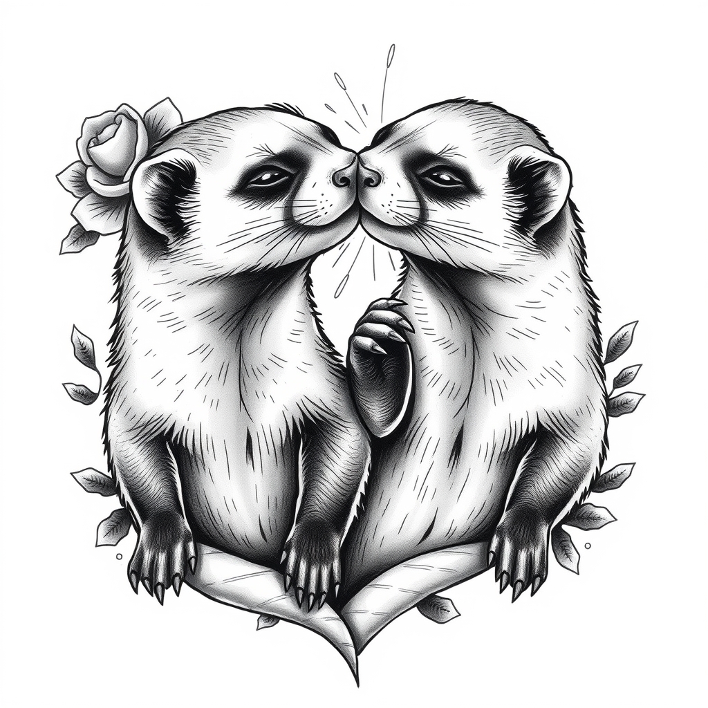 A tattoo design of Two ferrets trsting their heads on one another in the style of realistic. - animals tattoo design generated by AI tattoo generator