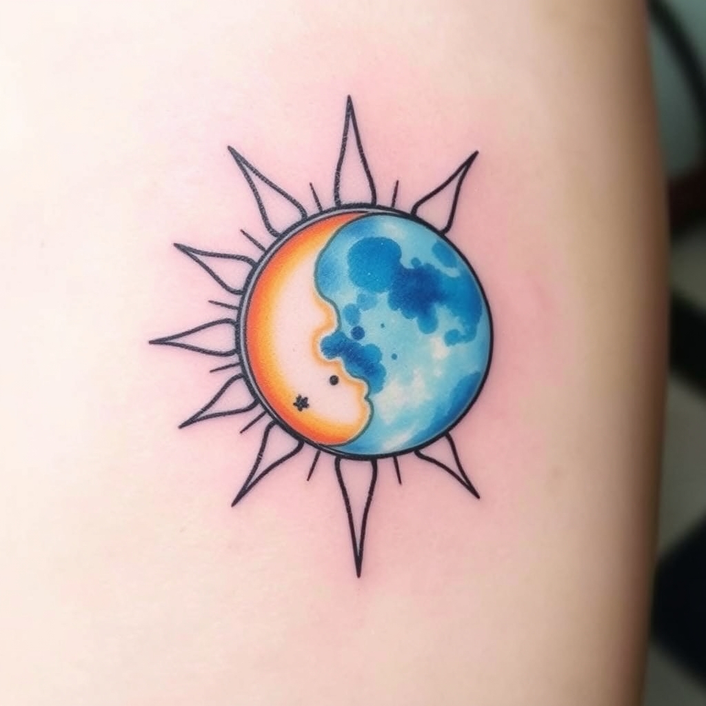 A tattoo design of Aquarius with sun and blue moon in the style of watercolor. - astrology symbol tattoo design generated by AI tattoo generator
