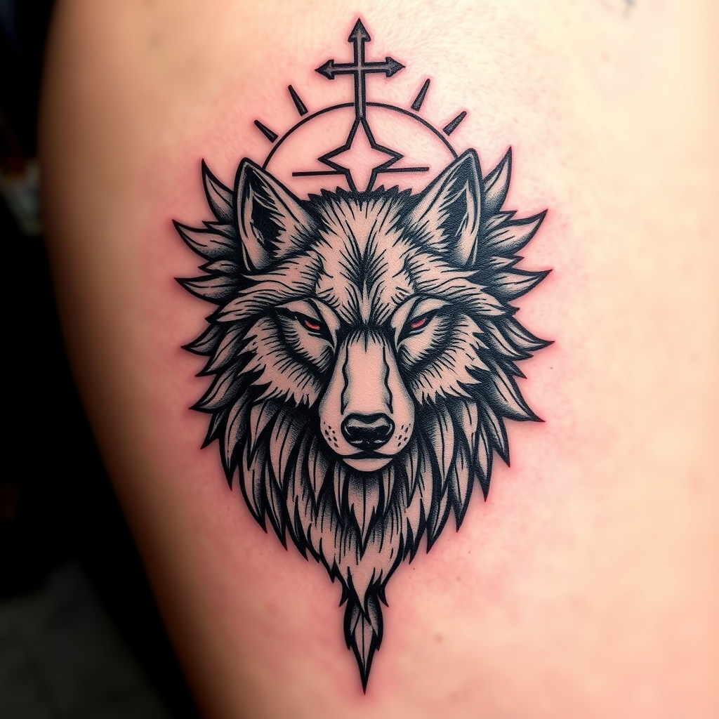 A tattoo design of Protected by God and Wolf in the style of realistic. - spiritual animal tattoo design generated by AI tattoo generator