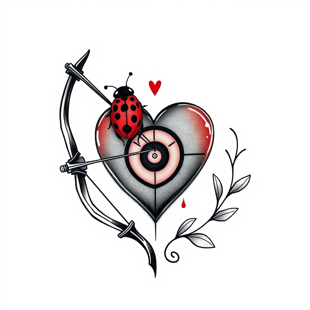 A tattoo design of love heart archery bow ladybug in the style of abstract. - mixed symbols tattoo design generated by AI tattoo generator
