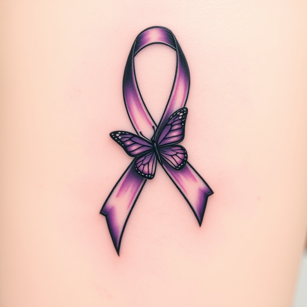 A tattoo design of Domestic violence ribbon awareness inclined together with a purple butterfly  in the style of minimalist. - social awareness tattoo design generated by AI tattoo generator