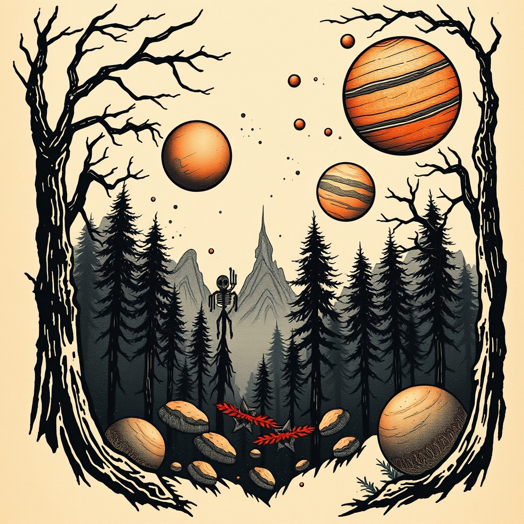 A tattoo design of Scary Forest and planets in the style of abstract. - space fantasy tattoo design generated by AI tattoo generator