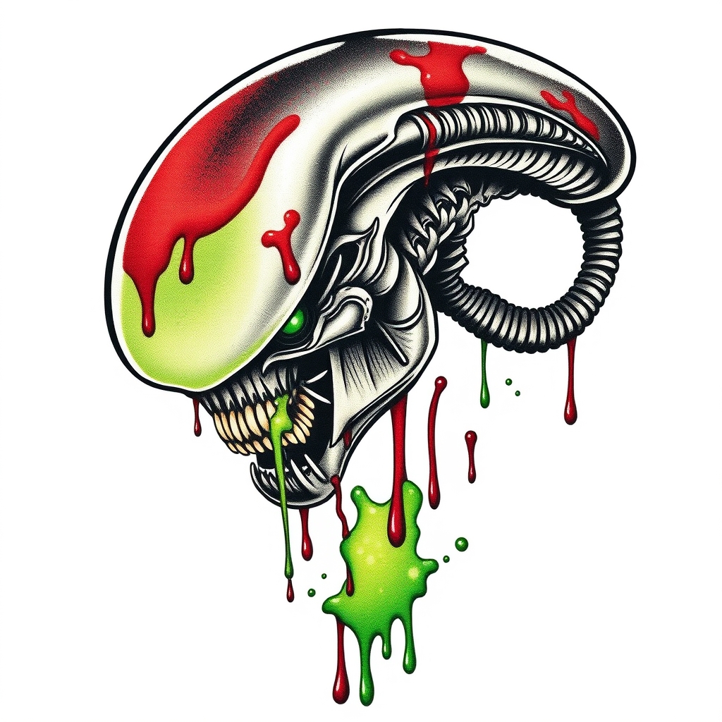 A tattoo design of Xenomorph head with blood And green acid in the style of realistic. - alien creature tattoo design generated by AI tattoo generator