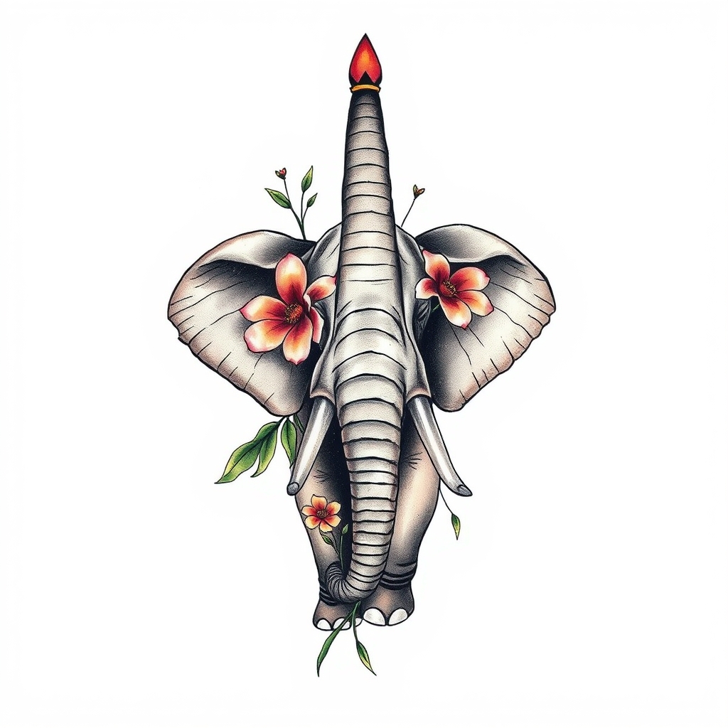 A tattoo design of elephant with trunk pointing up with flowers in the style of watercolor. - animal tattoo design generated by AI tattoo generator