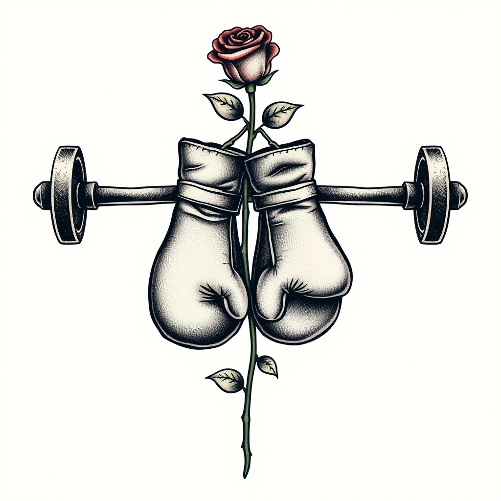 A tattoo design of Pair of boxing gloves hanging on a barbell with a single rose in the style of realistic. - fitness sports tattoo design generated by AI tattoo generator