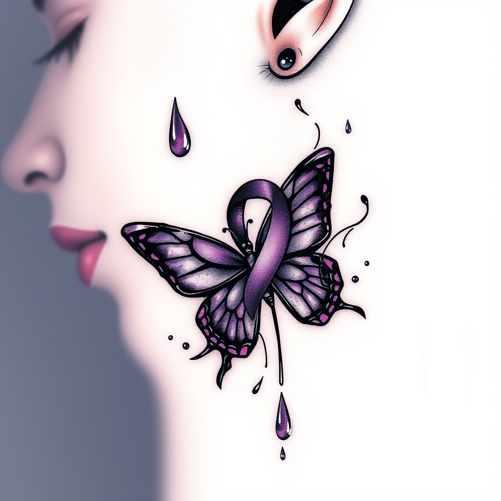 A tattoo design of A tear running down a woman's face with a domestic violence ribbon and a purple butterfly entwined together in the style of abstract. - domestic violence awareness tattoo design generated by AI tattoo generator