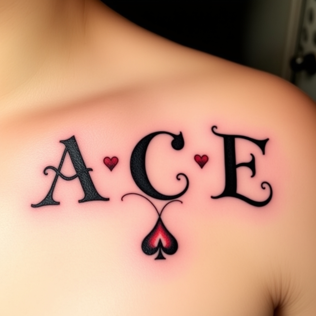 A tattoo design of Use the letters A, C and E, to create a tattoo that symbolizes my wife, Cristina and daughters Eloise and Aubrey. Consider incorporating an Ace of hearts or similar in the style of traditional. - initials monument tattoo design generated by AI tattoo generator