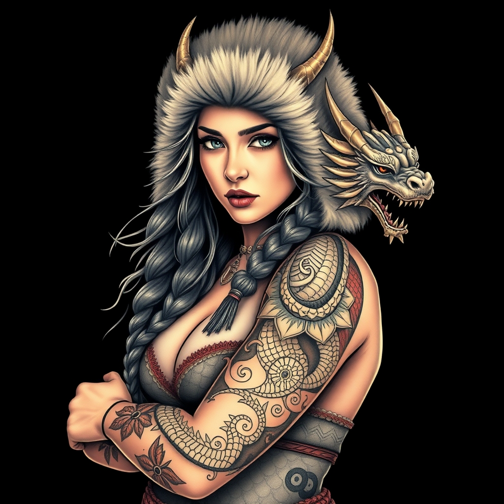A tattoo design of Pin up fur covered northern warrior goddess with a dragon tattoo wrapped around her left arm in the style of realistic. - mythical figure tattoo design generated by AI tattoo generator