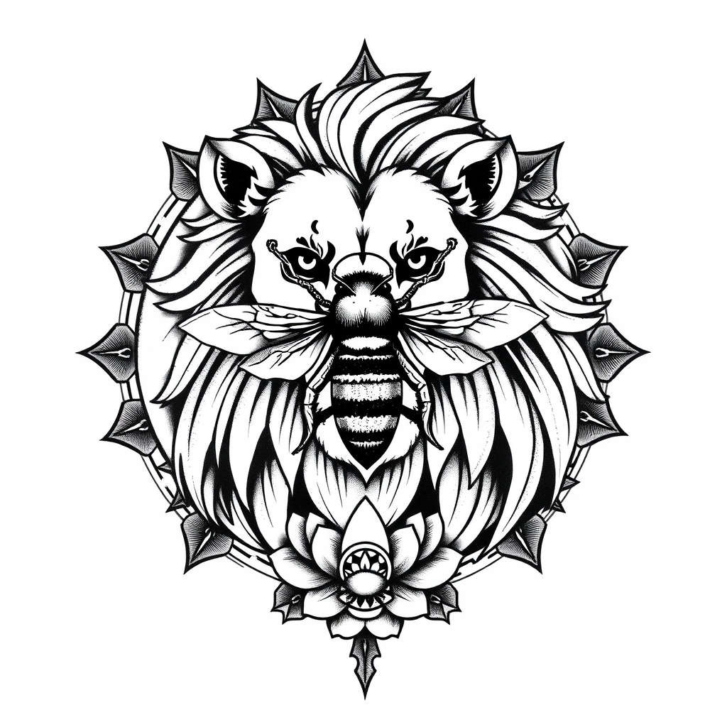 A tattoo design of Lion, bee, moon, lotus in the style of blackwork. - animals and nature symbols tattoo design generated by AI tattoo generator