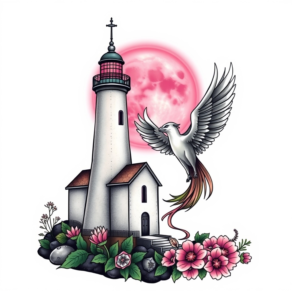 A tattoo design of Chapel beside a light house with a pink moon an lupine an phoenix in the style of realistic. - landmark scenery tattoo design generated by AI tattoo generator