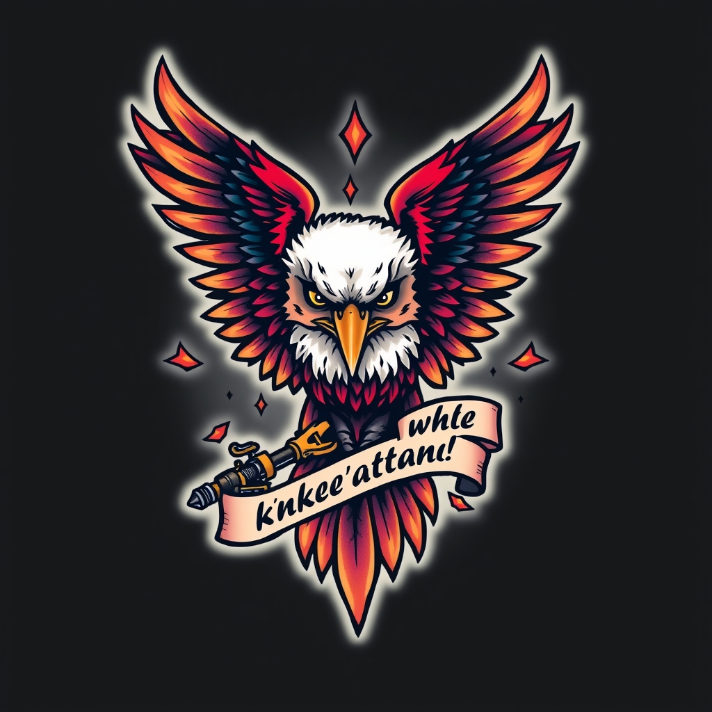A tattoo design of create an image of a wicked colorful eagle with the phrase "Inked with Attitude!" included in a traditional sailor jerry tattoo style in the style of traditional. - eagle tattoo tattoo design generated by AI tattoo generator