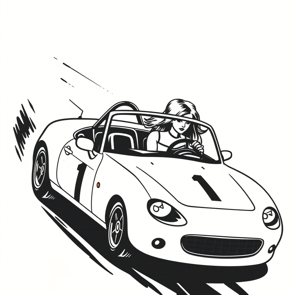 A tattoo design of White racing Miata number 1 with silver haired lady driving in the style of minimalist. - car racing tattoo design generated by AI tattoo generator