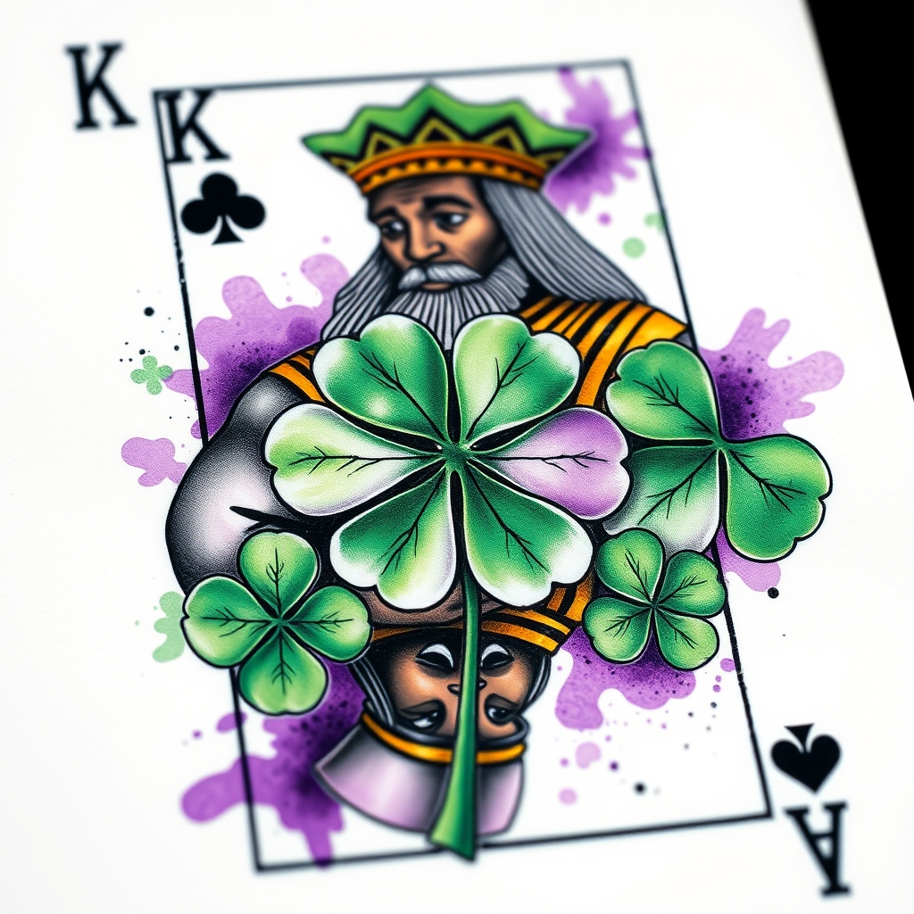 A tattoo design of I would like a 3 dimensional photo realistic playing card, an African American king of 4 leaf clovers, with black, green, and purple ink, maybe some white ink for highlighting. NO red ink. in the style of watercolor. - playing cards tattoo design generated by AI tattoo generator