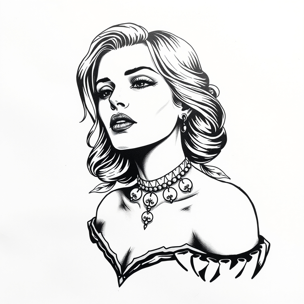 A tattoo design of b/w vintage woman collared on white paper in the style of realistic. - vintage portrait tattoo design generated by AI tattoo generator