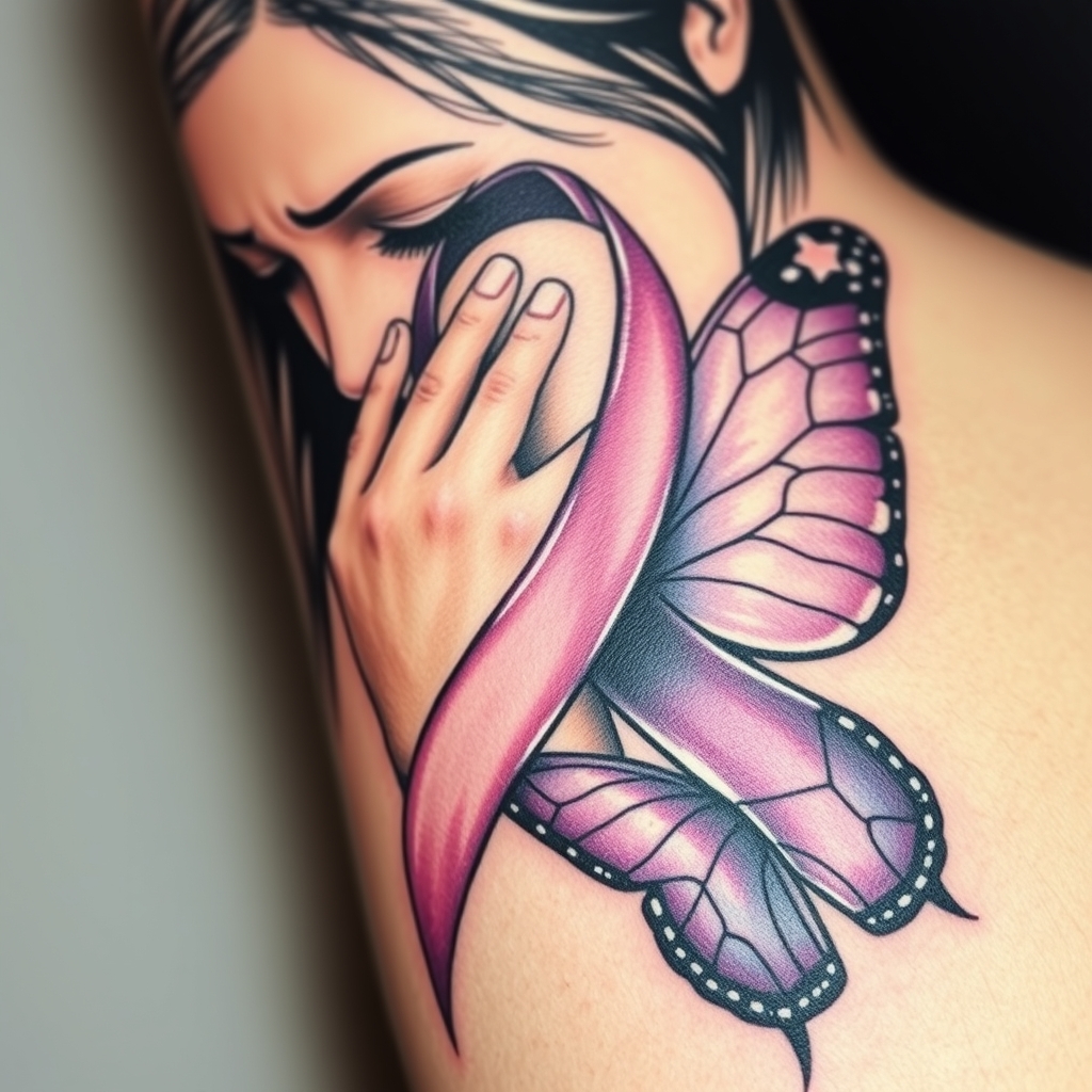 A tattoo design of Domestic violence ribbon awareness inclined together with a purple butterfly as a women hunched over her hands overing her face crying  in the style of abstract. - domestic violence awareness tattoo design generated by AI tattoo generator