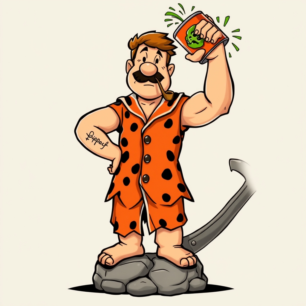 A tattoo design of Head & Face: Fred Flintstone’s rounded face and signature five o’clock shadow, but with Popeye’s squinty eye, pipe, and anchor tattoo on the forearm. Outfit Hybrid: A tattered sailor uniform with the orange and black spotted Flintstone tunic texture; the collar and buttons echo Popeye’s uniform, but made out of rough dino-hide. Arms: Massive, muscular forearms like Popeye’s, but one has a dinosaur skull tattoo instead of the anchor. Accessories: A can of "Spinachasaurus" instead of spinach, popping open with green dino-plant energy bursting out. 🔹 Pose: He’s standing triumphantly on a stone anchor, flexing one arm, while his other hand is hoisting up a big stone can of spinach in the style of traditional. - cartoon characters tattoo design generated by AI tattoo generator