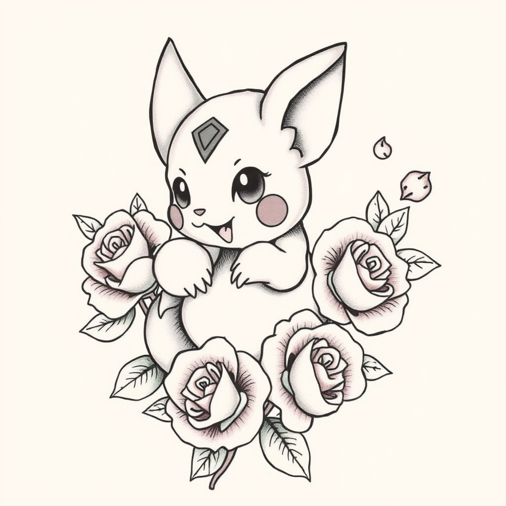 A tattoo design of POKEMON CUBONE WITH ROSES in the style of traditional. - pokemon tattoo design generated by AI tattoo generator