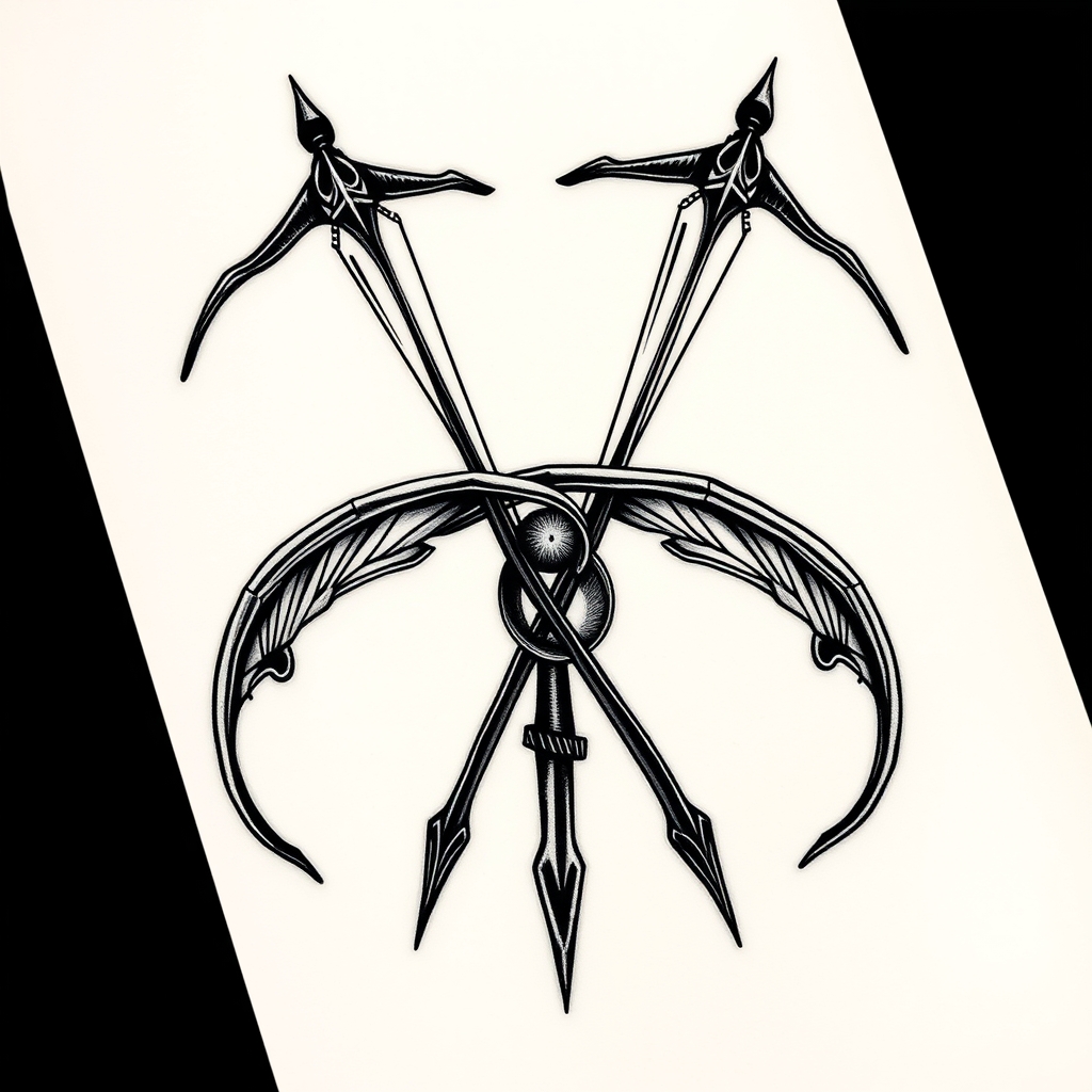 A tattoo design of three interlocking longbows and spiraling from a center ppint in the style of surrealistic. - archery symbols tattoo design generated by AI tattoo generator