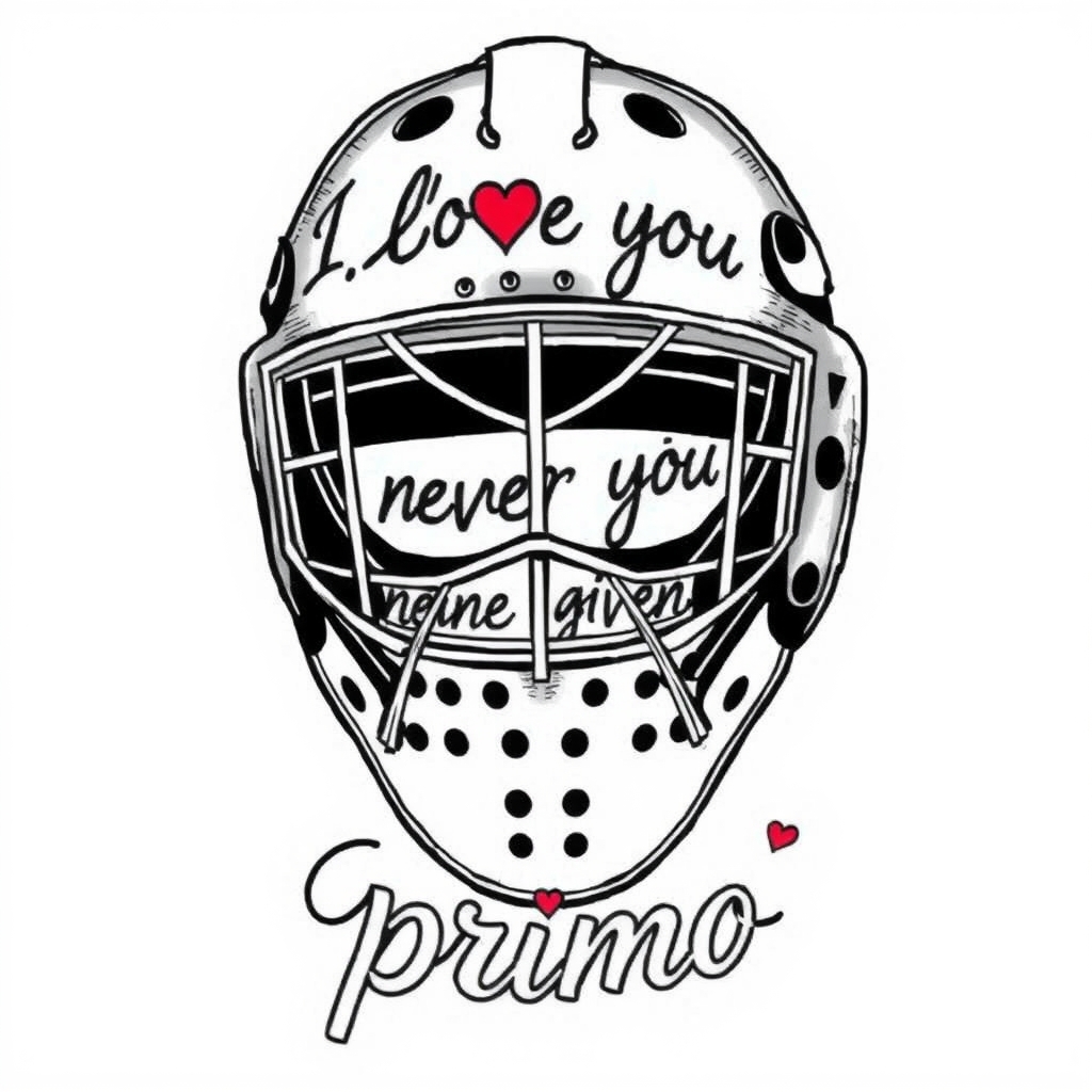 A tattoo design of old school NHL goalie mask with the phrase " I love you " " never give up " and the name " primo " in the style of realistic. - sports equipment tattoo design generated by AI tattoo generator