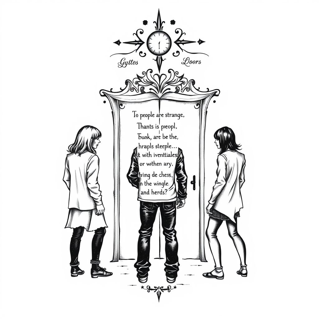 A tattoo design of Lyrics to people are strange by the doors in the style of blackwork. - song lyrics tattoo design generated by AI tattoo generator