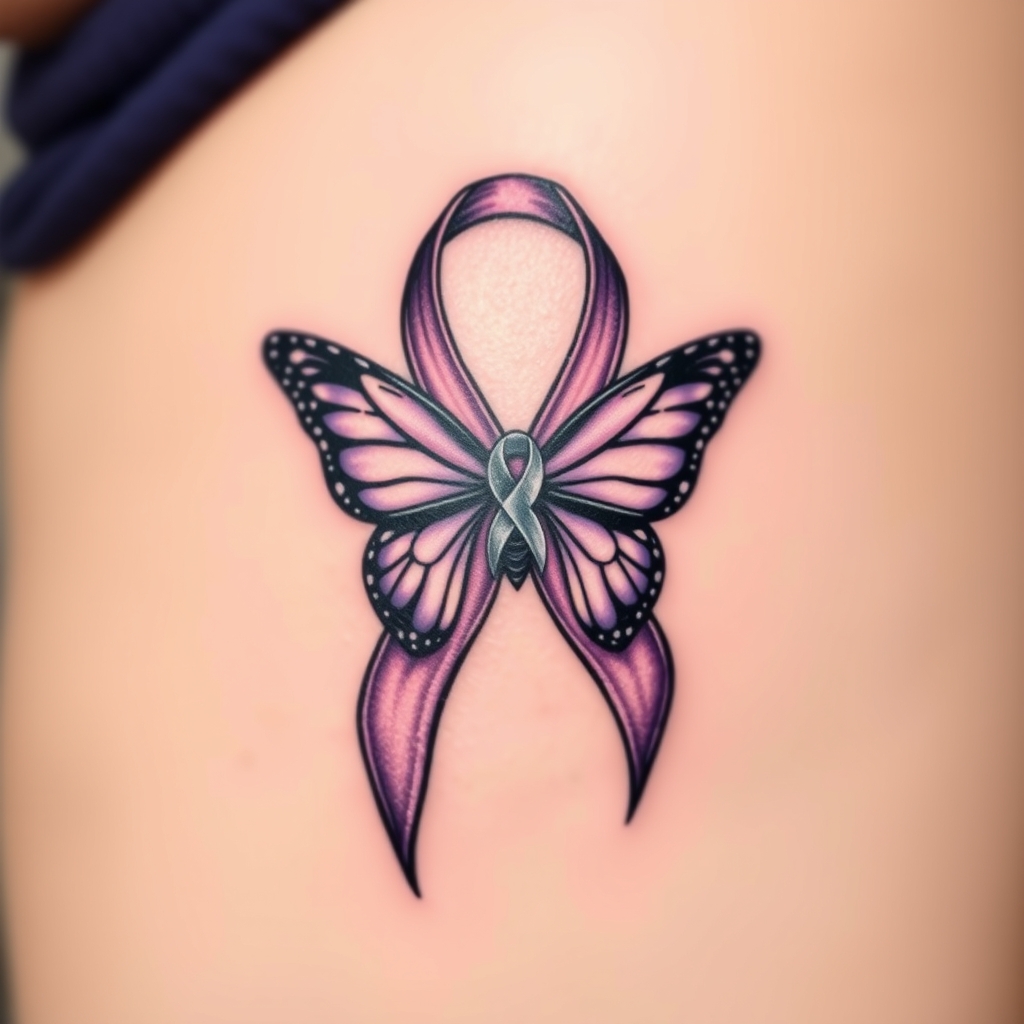 A tattoo design of  crying with the domestic awareness ribbon with a purple butterfly entwined together in the style of tribal. - awareness ribbon tattoo design generated by AI tattoo generator