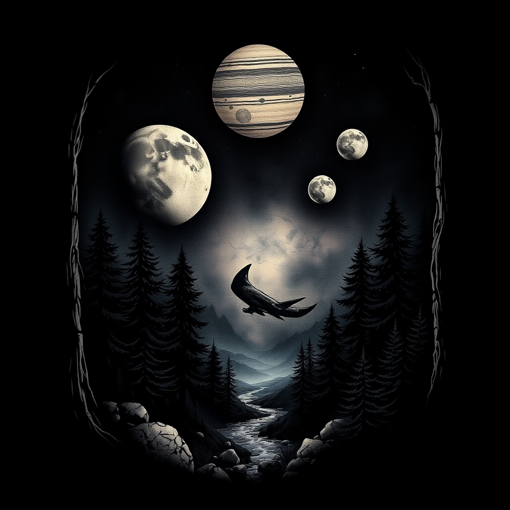 A tattoo design of Dark Forest and planets in the style of realistic. - space nature tattoo design generated by AI tattoo generator