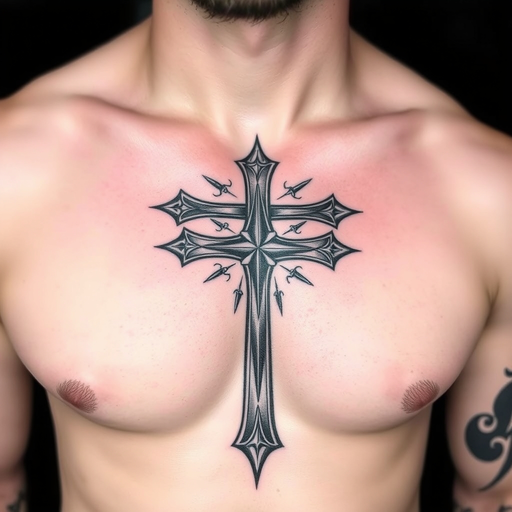 A tattoo design of Rugged cross on chest in the style of traditional. - christian symbol tattoo design generated by AI tattoo generator