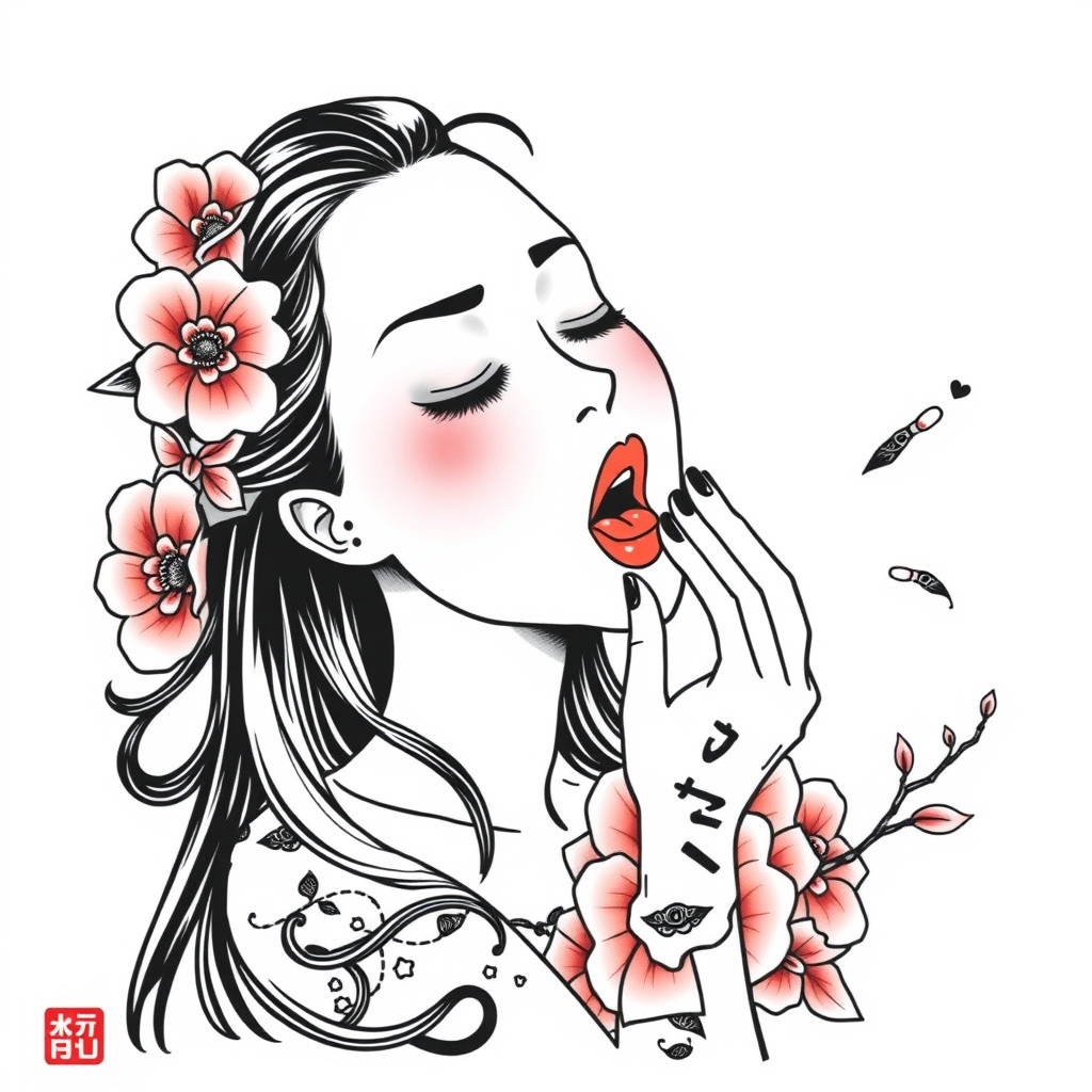 A tattoo design of Woman giving a blowjob in the style of japanese. - erotic art tattoo design generated by AI tattoo generator