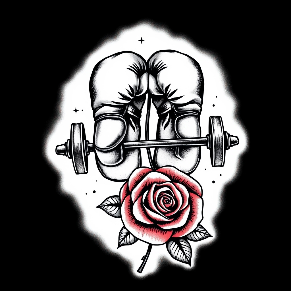 A tattoo design of A pair of boxing gloves, a weight barbell, and one rose in the style of realistic. - fitness sports tattoo design generated by AI tattoo generator