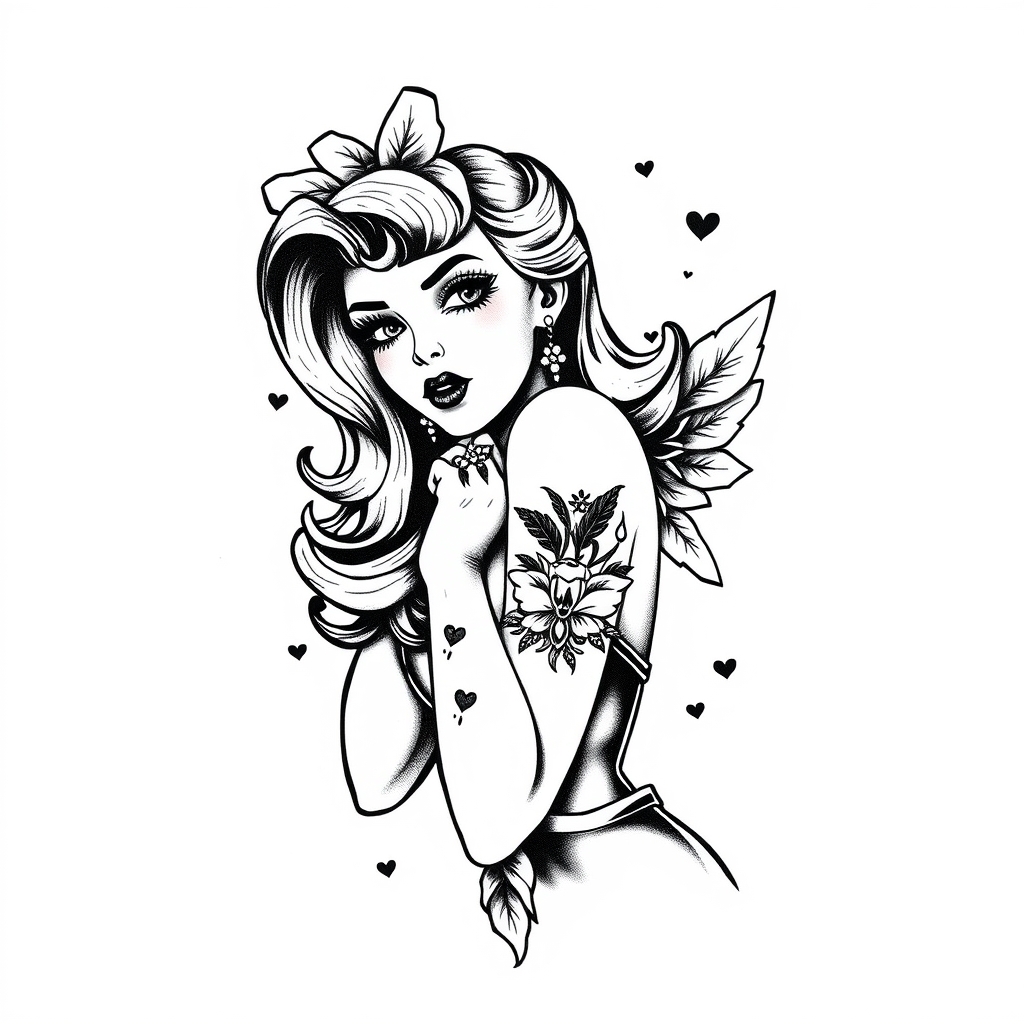 A tattoo design of pinup girl ancor tattoo on white background in the style of blackwork. - pinup girl tattoo tattoo design generated by AI tattoo generator