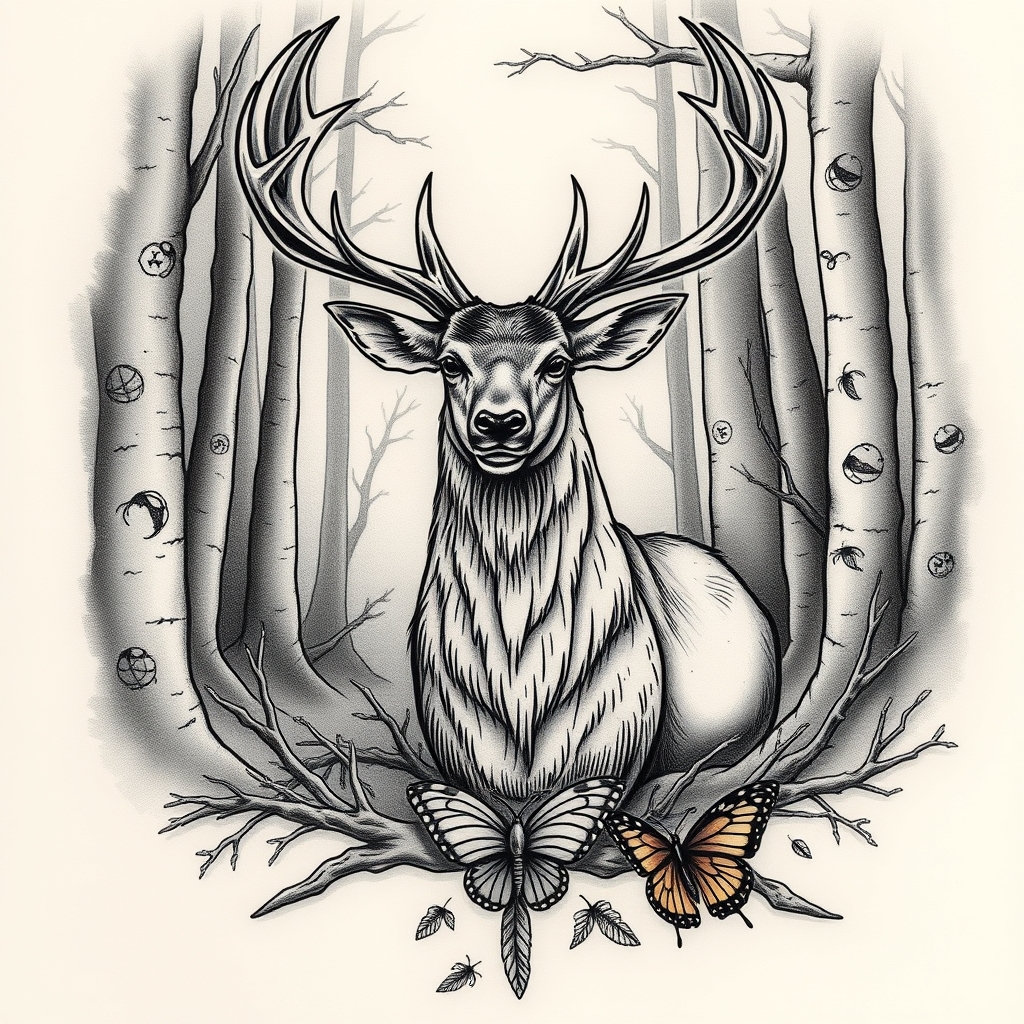A tattoo design of a majestic Stag with Celtic symbolism - Triskeles and Claddagh. Positioned in a forested area where there is thorny branches, fallen feathers and butterflys present. looking to symbolise growth, and strength following periods of shame, regret and a mental health issues following a difficult time in my life. in the style of realistic. - wildlife with celtic symbolism tattoo design generated by AI tattoo generator