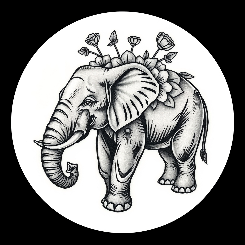A tattoo design of elephant with trunk up with flowers in the style of traditional. - animal design tattoo design generated by AI tattoo generator