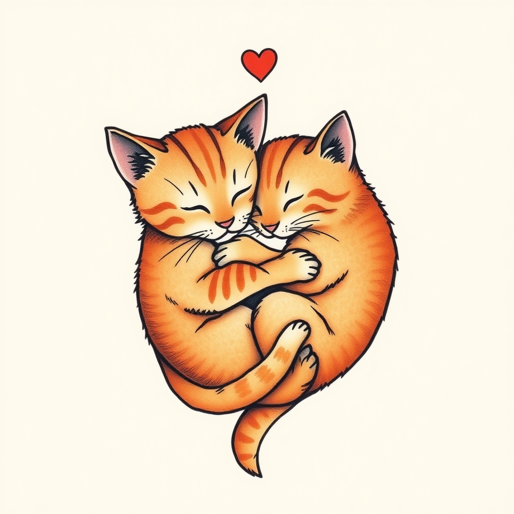 A tattoo design of A heart shape that looks like an orange cat and a brown cat sleeping and hugging . The cats are the same size. The cats fill the entire heart shape. in the style of traditional. - animals tattoo design generated by AI tattoo generator