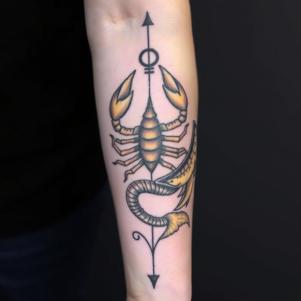 A tattoo design of  scorpio, pisces tattoo forearm continuous black blue/yellow brown in the style of blackwork. - zodiac signs tattoo design generated by AI tattoo generator