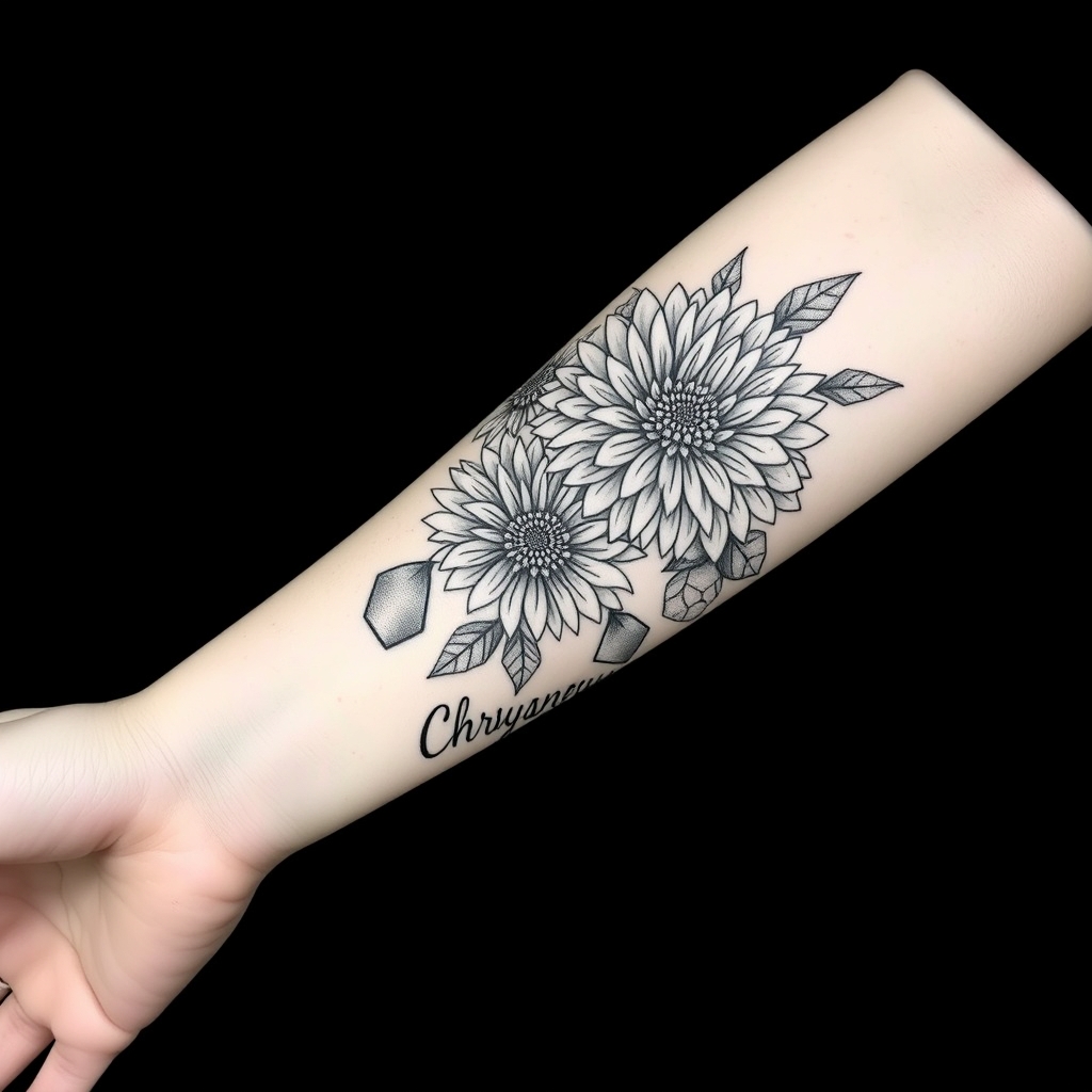 A tattoo design of Black and white outter forearm elbow to hand, blooming Chrysanthemums, hexagons, the word Chrysanthemum down forearm in the style of geometric. - flowers tattoo design generated by AI tattoo generator