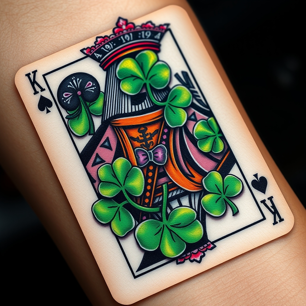 A tattoo design of I would like a 3 dimensional photo realistic playing card, an African American king of 4 leaf clovers, with black, green, and purple ink, maybe some white ink for highlighting. NO red ink. in the style of realistic. - playing card tattoo design generated by AI tattoo generator