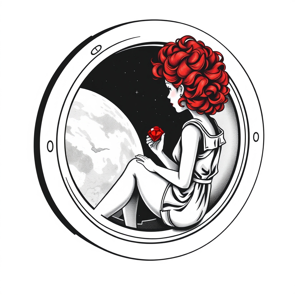 A tattoo design of Black and grey style. Curious redhead woman in romper with curly hair sitting in a small space capsule alone, facing the window. Floating through space with nothing to keep her company but a shining red ruby which she holds close by the porthole window. They are both sitting by the window peering out on an unknown planet. in the style of abstract. - space travel tattoo design generated by AI tattoo generator