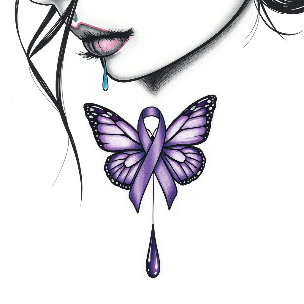 A tattoo design of A tear running down a woman's face with a domestic violence ribbon and a purple butterfly entwined together in the style of minimalist. - domestic violence awareness tattoo design generated by AI tattoo generator