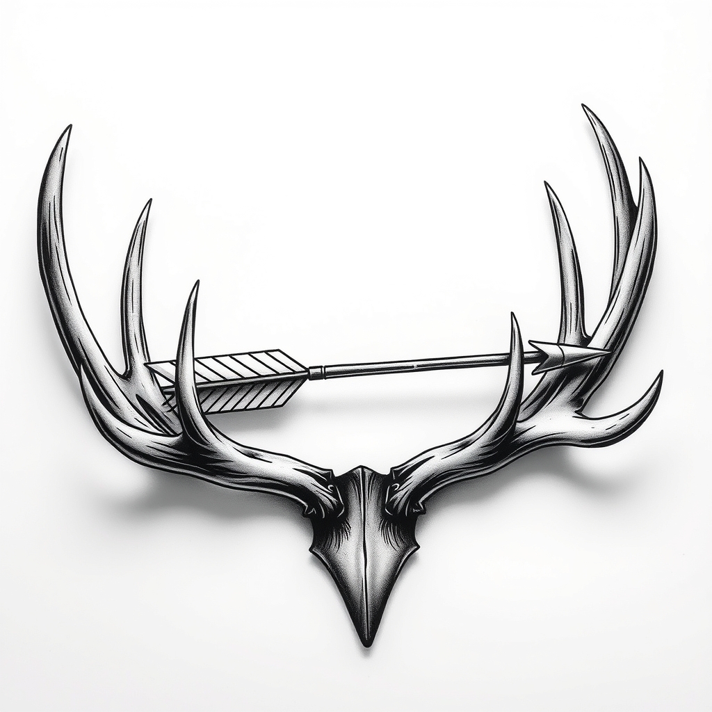 A tattoo design of Arrow laying in an elk antler in the style of realistic. - hunting symbols tattoo design generated by AI tattoo generator
