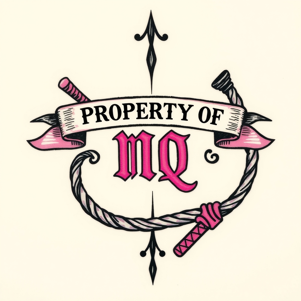 A tattoo design of Cuckold symbol. Black and pink are the colors. Name is bb. Spells "PROPERTY OF MQ". A whip is shown. in the style of traditional. - bdsm fetish tattoo design generated by AI tattoo generator