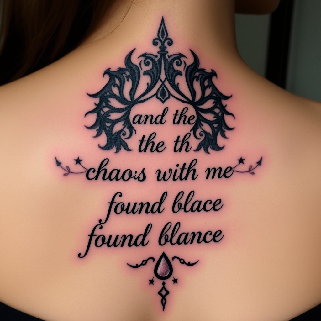 A tattoo design of  feminine of the saying "and the chaos within me found balance in the style of realistic. - inner peace tattoo design generated by AI tattoo generator