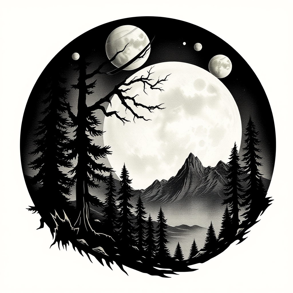 A tattoo design of Dark Forest and planets in the style of realistic. - space and nature tattoo design generated by AI tattoo generator