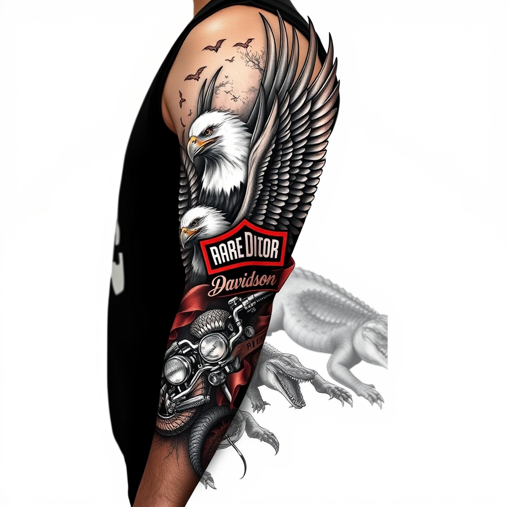 A tattoo design of Right arm full sleeve with Harley Davidson theme with eagles mixed with Florida swamp theme with american alligators in the style of realistic. - motorcycle culture florida wildlife tattoo design generated by AI tattoo generator