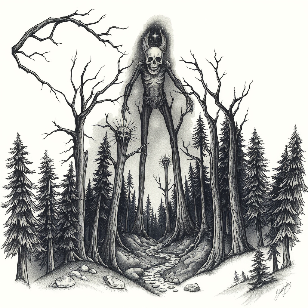 A tattoo design of Scary Forest and space in the style of realistic. - space and nature tattoo design generated by AI tattoo generator