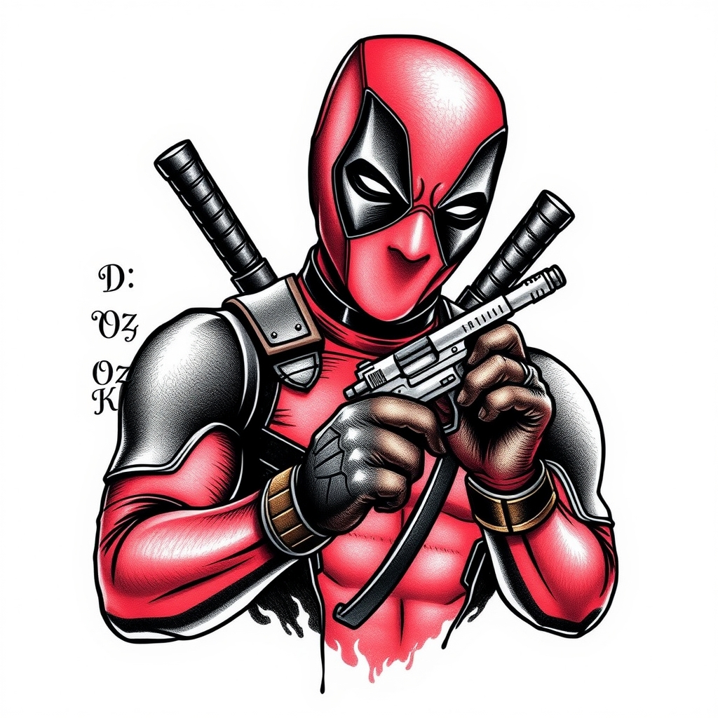 A tattoo design of Deadpool holding a tattooing gun with the names D, Oz, Kyle on a list to his left  in the style of blackwork. - superhero pop culture tattoo design generated by AI tattoo generator
