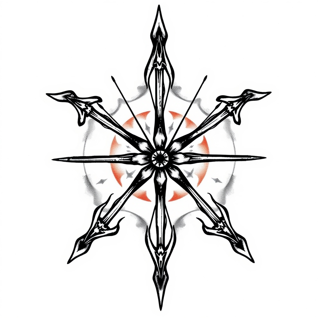 A tattoo design of three interlocking longbows spinning out from a central point in the style of traditional. - archery equipment tattoo design generated by AI tattoo generator