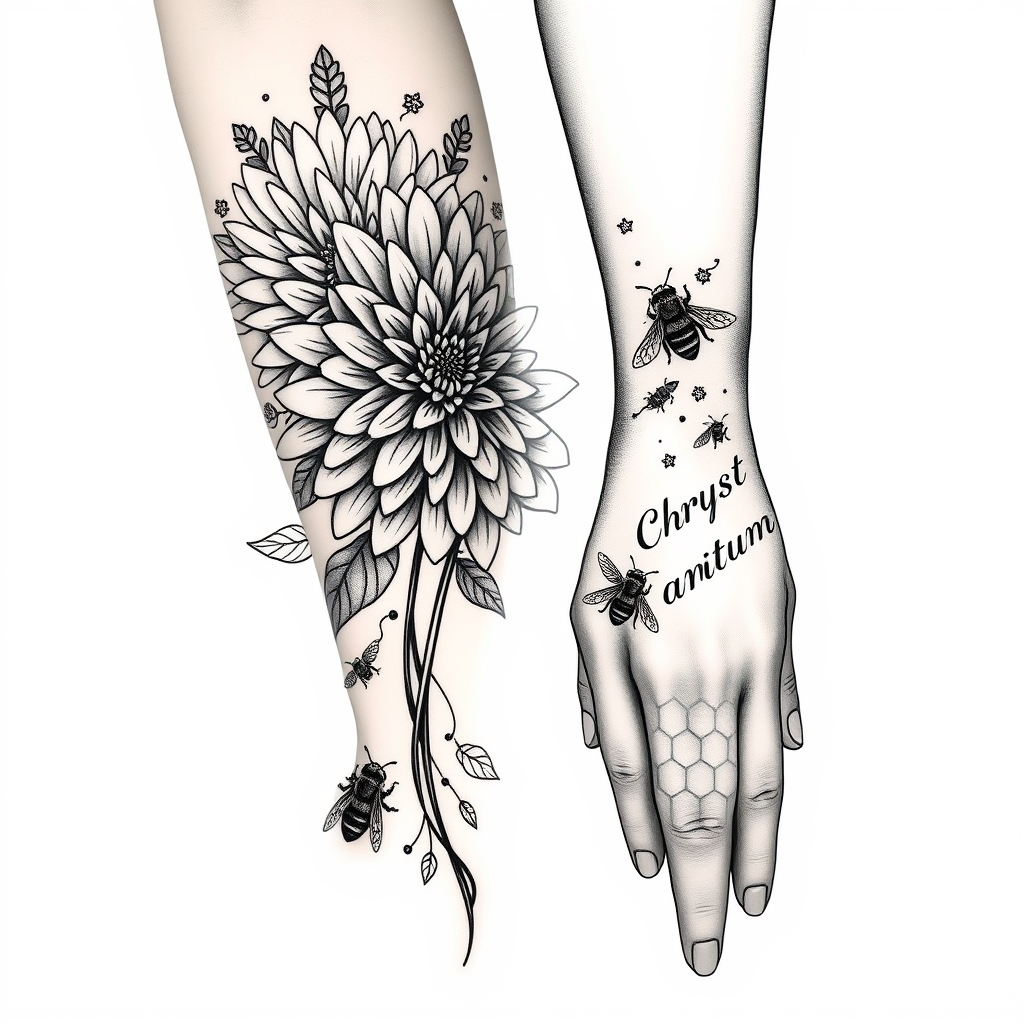 A tattoo design of Black and white Chrysanthemum flower at elbow, flower on hand with Bee on it the word Chrysanthemum in cursive down forearm, bees, honeycomb forearm and hand, long in the style of geometric. - flowers and bees tattoo design generated by AI tattoo generator