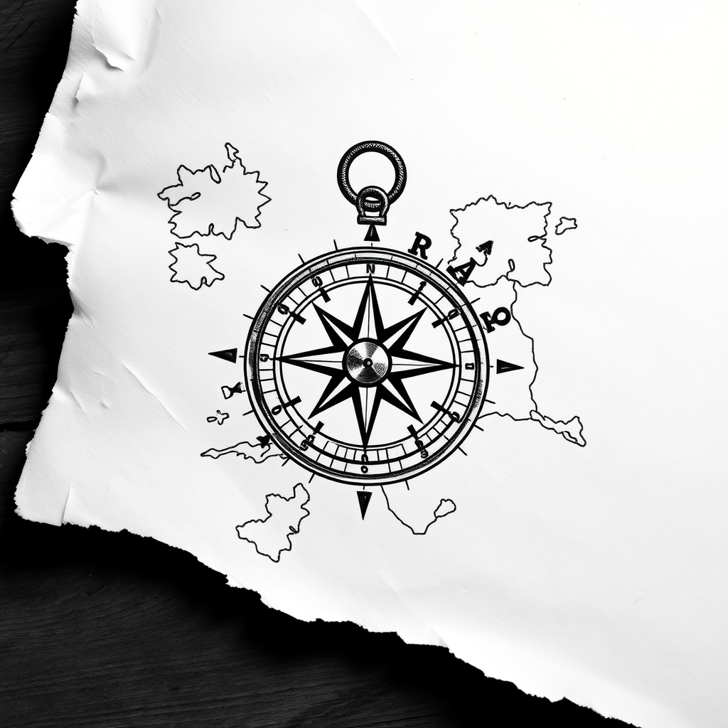 A tattoo design of b/w compass on old treasure map on white paper in the style of realistic. - treasure map tattoo design generated by AI tattoo generator
