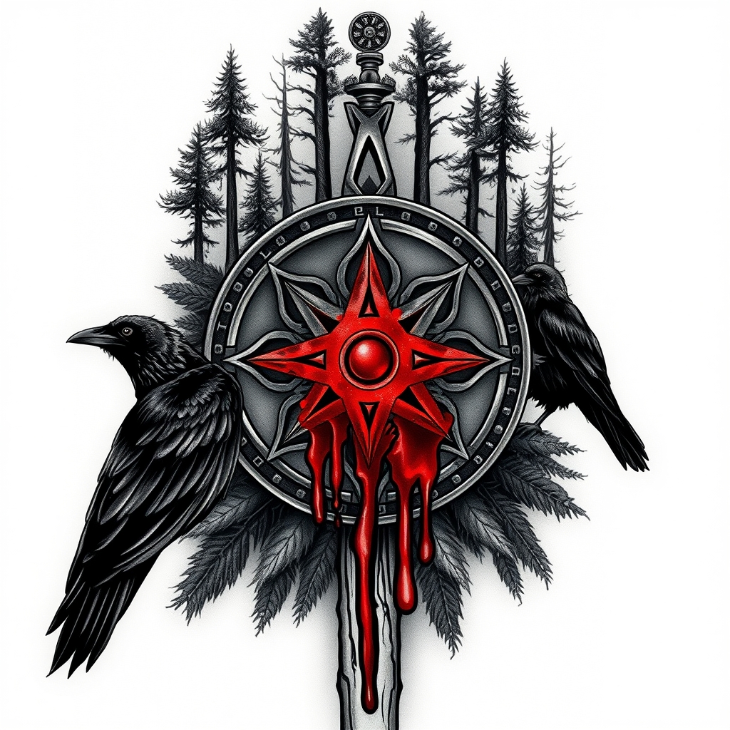 A tattoo design of Valkyrie symbol covered in forest, on top on the symbol there should be blood that goes down to the bottom of the stave in style of trashpolka watched by 2 black ravens in the style of traditional. - norse mythology tattoo design generated by AI tattoo generator